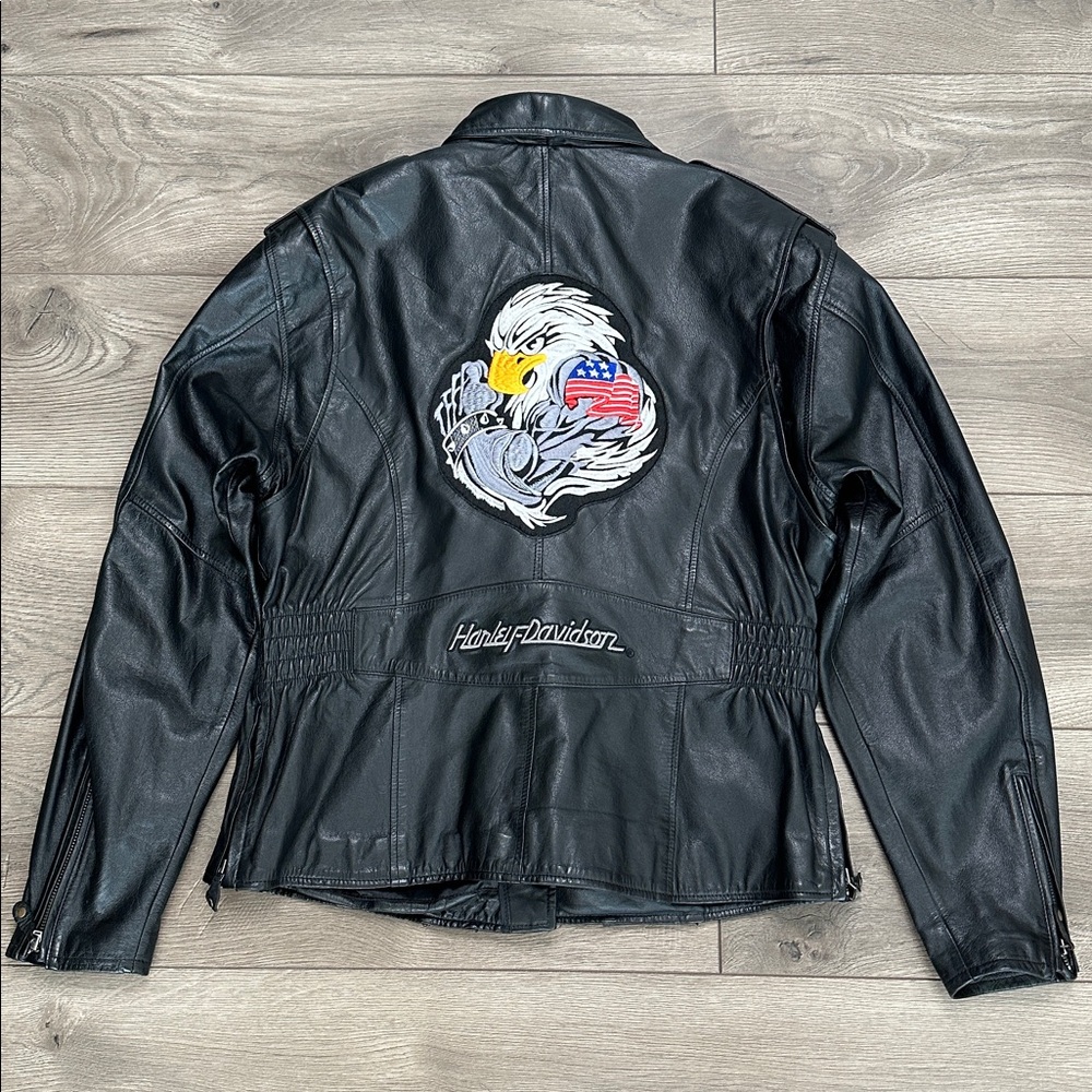 Harley Davidson‎ Leather Full Zip Black Jacket Eagle Patch Size Large